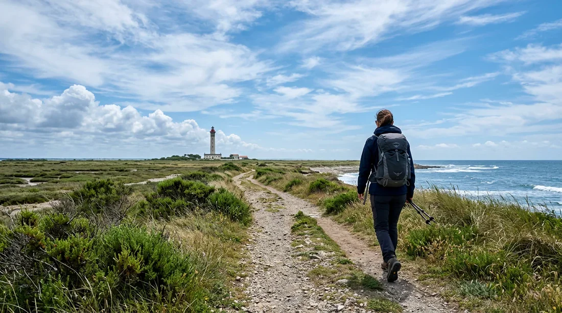 Randonneur marchant sur le sentier côtier vers le Phare des Baleines sur l'Île de Ré