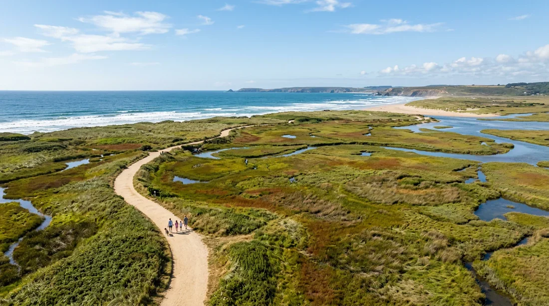 Sentier pédestre bordé par les marais salants de l'Île de Ré