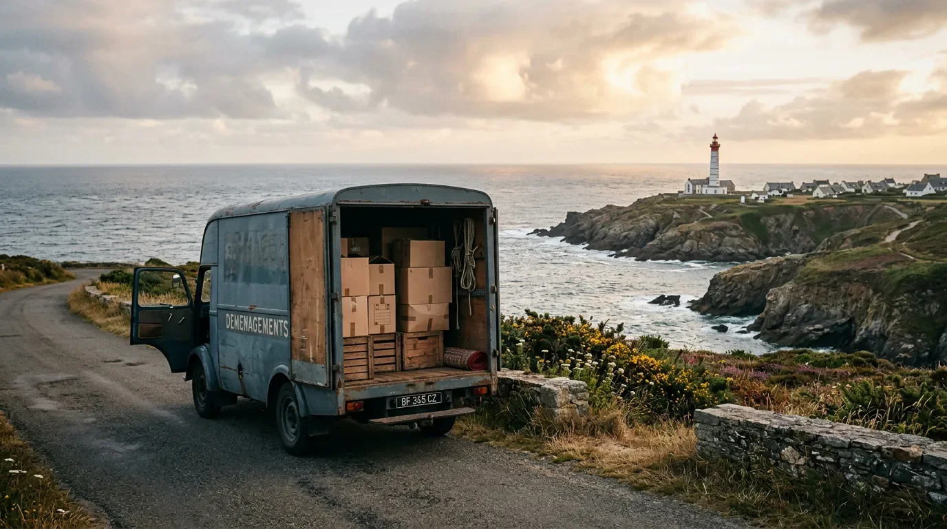 Tout plaquer pour s'installer en Bretagne Un camion de déménagement garé face à la mer en Bretagne avec un phare en arrière-plan, symbolisant le nouveau départ.