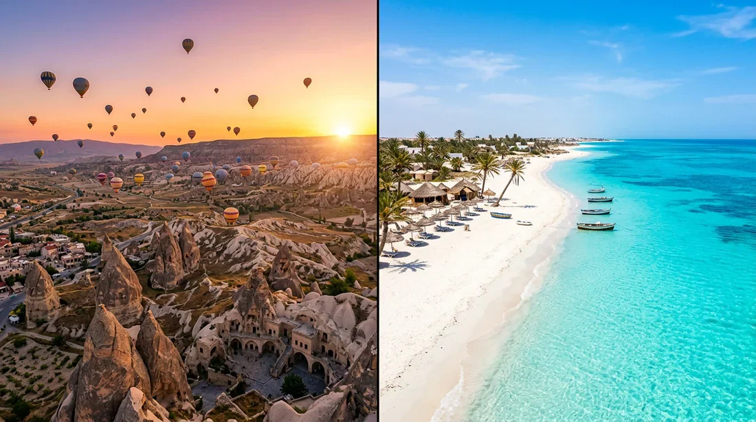 Paysage contrasté entre la Cappadoce en Turquie et les plages de Djerba en Tunisie