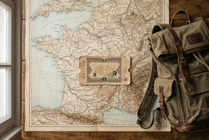 Quel village visiter en France sans voiture en 2026 ? Billet de train et sac à dos posés sur une carte de France pour un voyage.