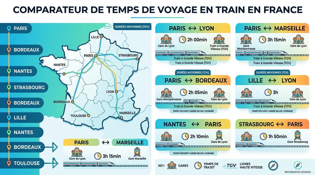 Comparatif des durées de trajet en train Infographie comparative des temps de trajet en train entre les villes françaises.