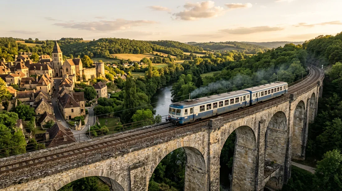 Voyage en train TER vers un village historique Un vieux train TER circulant sur un viaduc en pierre surplombant un village médiéval.