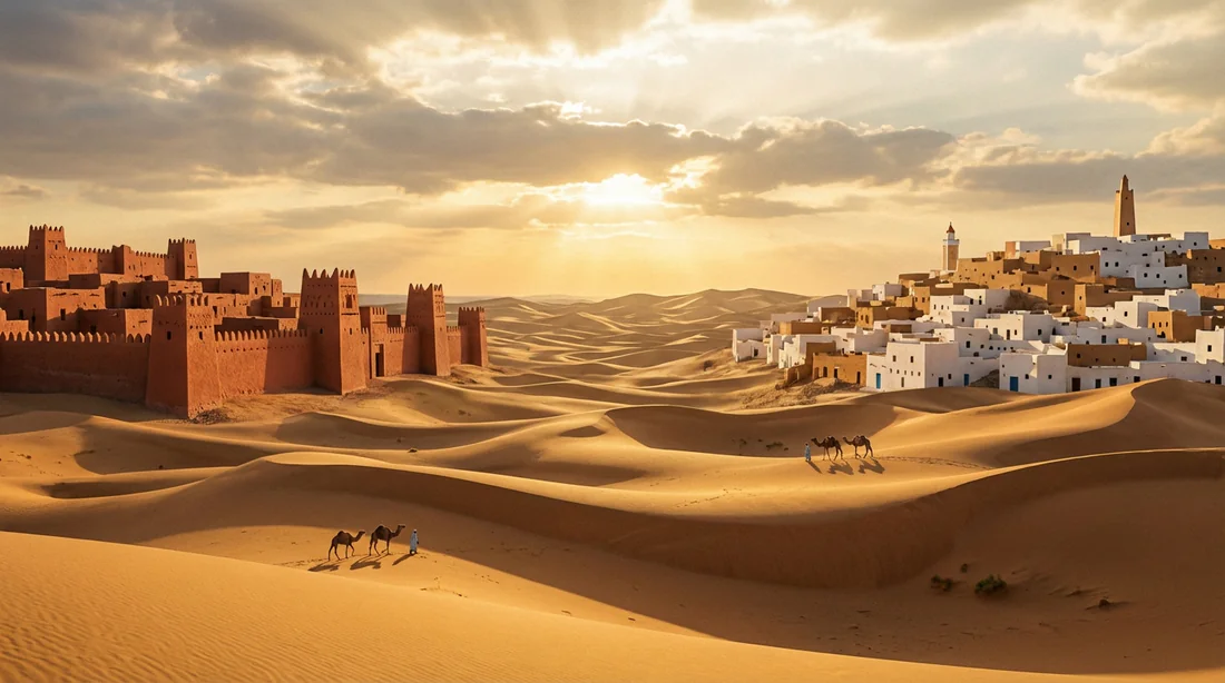 Panorama de l'architecture saharienne traditionnelle et dunes dorées au coucher du soleil