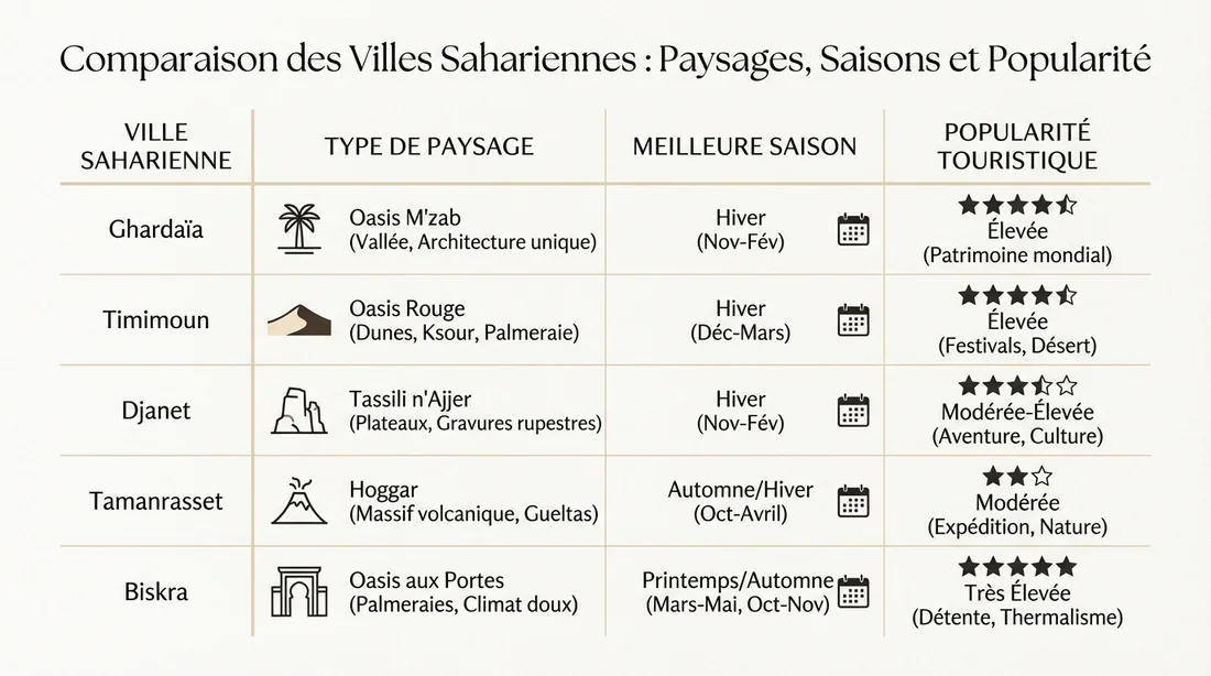 Tableau comparatif des destinations du Sahara algérien