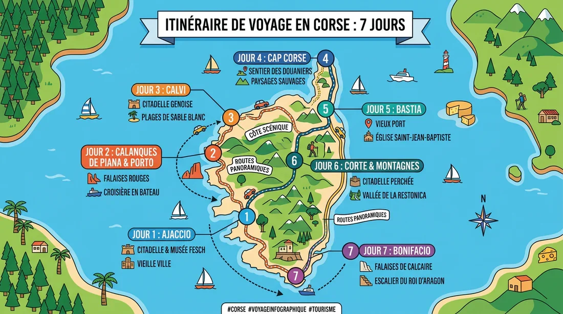 Carte étape par étape de l'itinéraire en Corse Carte infographique illustrée de l'itinéraire de 7 jours pour faire le tour de la Corse