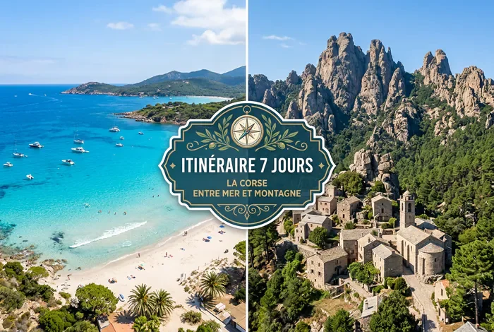 Visiter la Corse du Sud en une semaine : guide - Corse du Sud en 1 semaine : l'itinéraire parfait ! - Comment visiter la Corse du Sud en 7 jours sans stress ? Miniature représentant un itinéraire de 7 jours en Corse entre plage paradisiaque et village de montagne