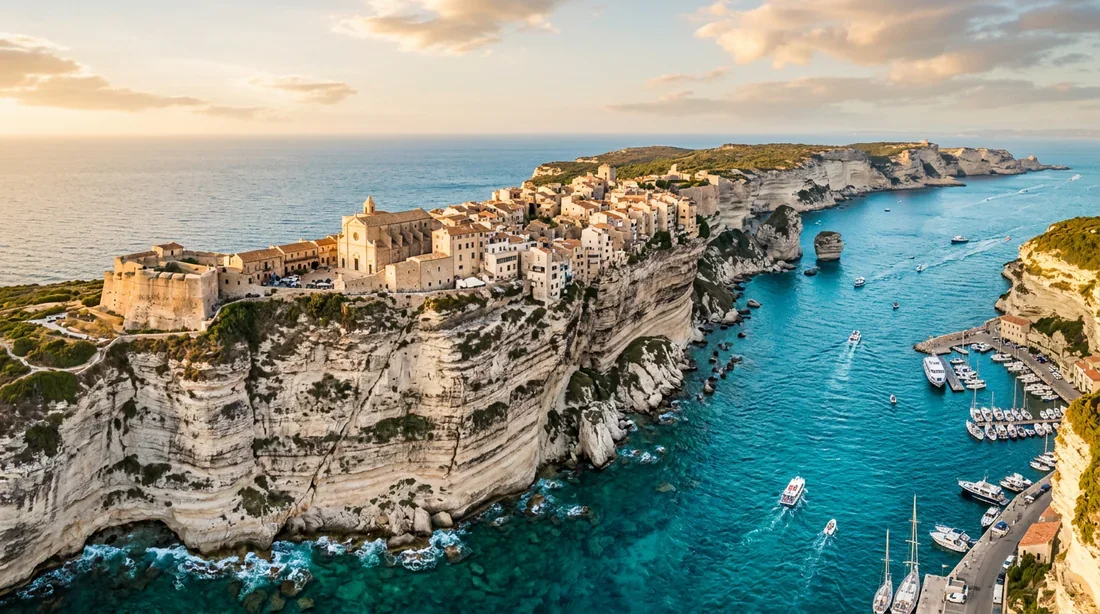 Citadelle de Bonifacio et falaises de calcaire - Voyage en Corse Vue panoramique par drone de la citadelle de Bonifacio perchée sur ses falaises blanches en Corse