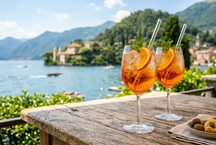 Visiter les lacs italiens en 3 jours : le guide expert - Lacs Italiens 3 jours : le guide ultime 2026 - 3 jours aux lacs italiens : l'itinéraire parfait ? Deux verres de Spritz sur une table face au Lac de Côme