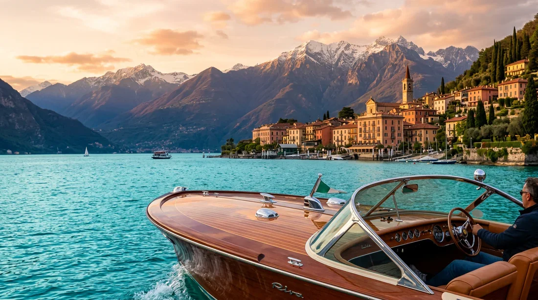 Vue panoramique depuis un bateau Riva sur le Lac de Côme avec les villas colorées de Varenna