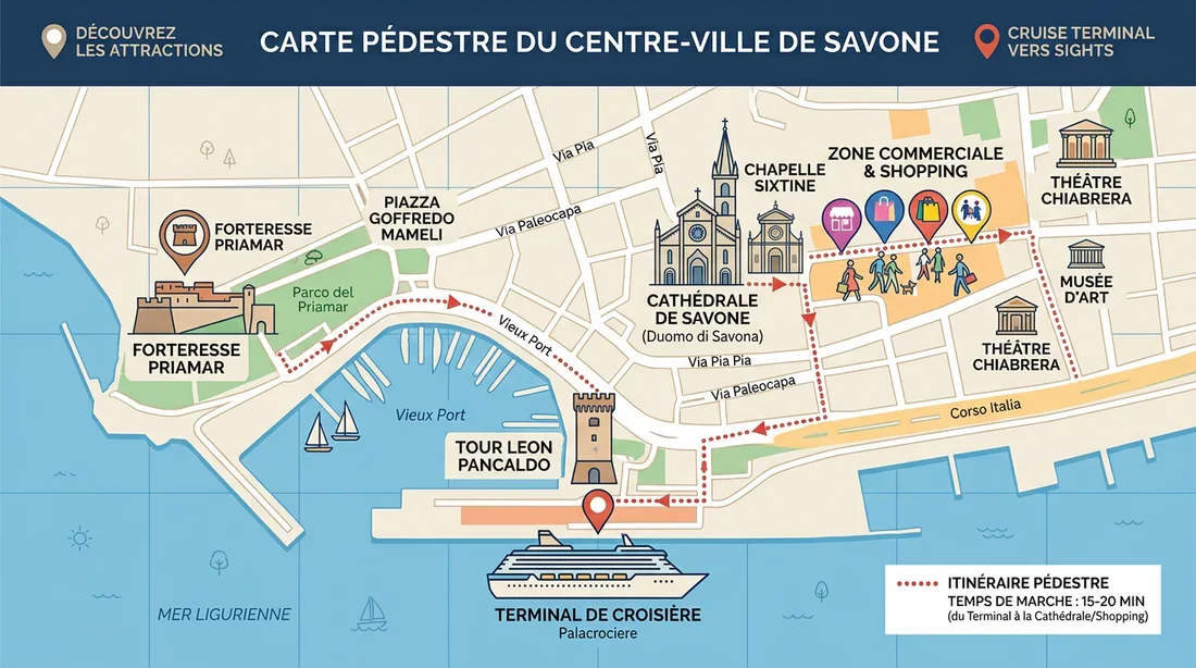 Itinéraires piétons dans le centre de Savone Carte illustrée des itinéraires piétons à Savone