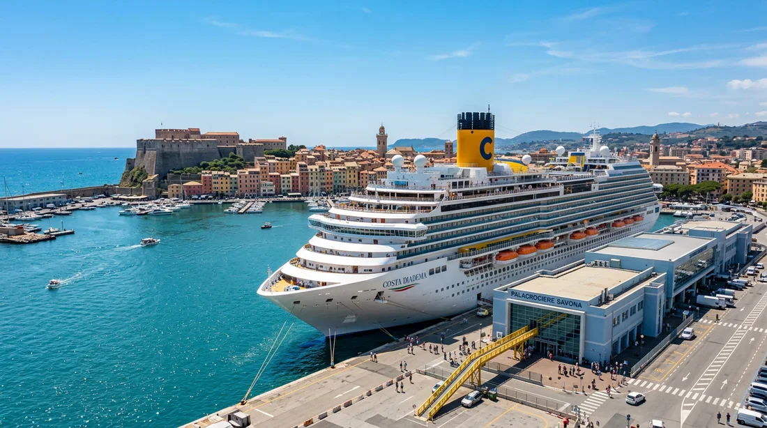 Escale à Savone : navire au terminal Palacrociere Navire de croisière amarré au terminal Palacrociere de Savone