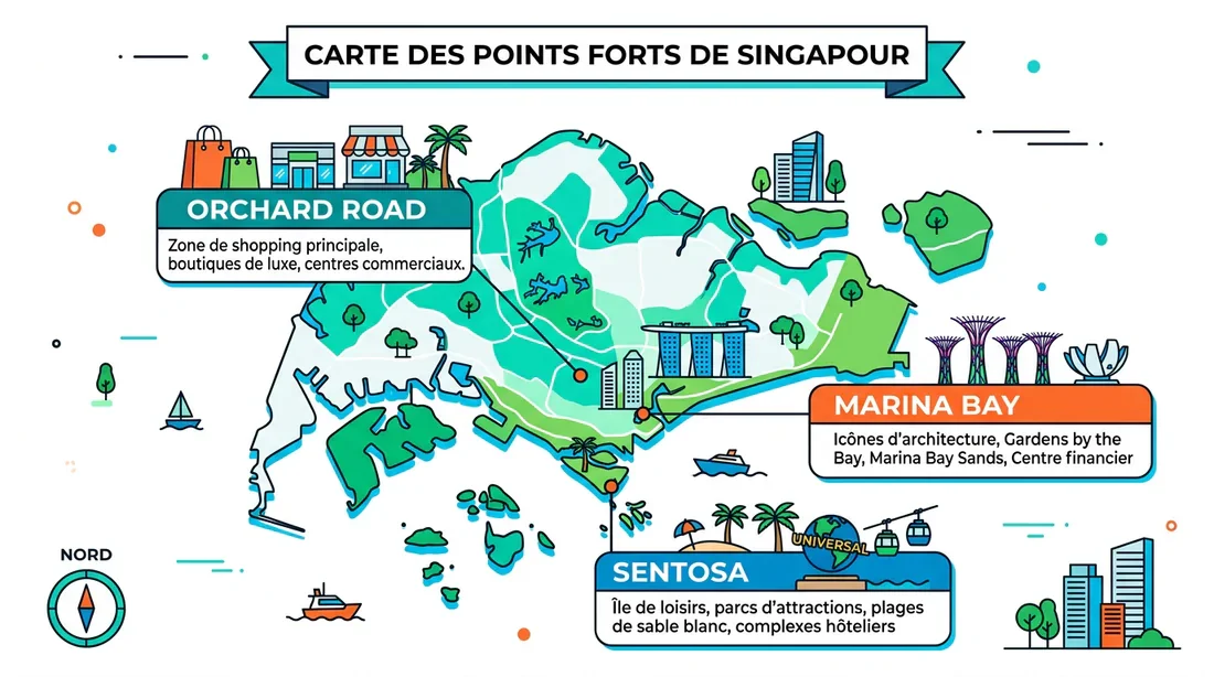 Carte simplifiée des lieux incontournables à visiter à Singapour