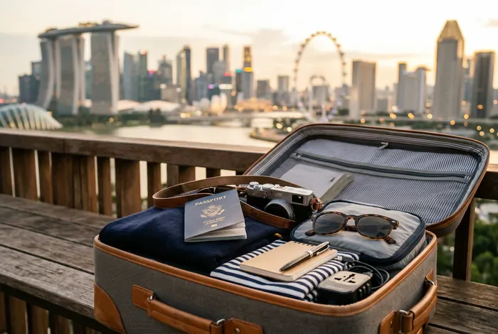 Vivre à Singapour : Guide 2026 - Vivre à Singapour : 7 conseils pour réussir - Comment réussir sa vie à Singapour en 2026 ? Valise ouverte avec passeport prête pour un voyage à Singapour