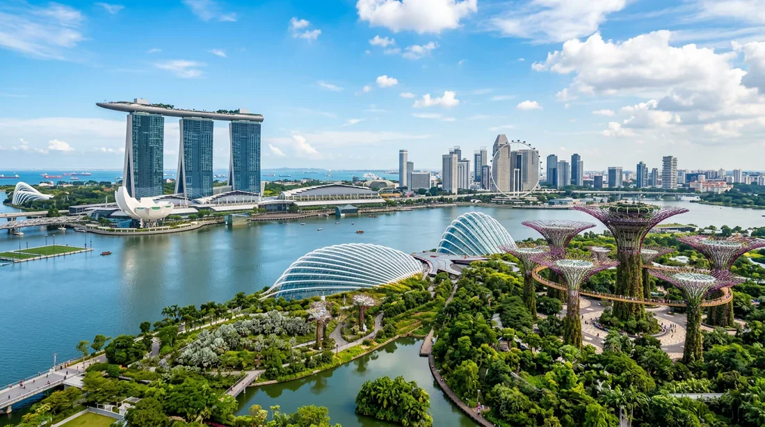 Vue panoramique de Marina Bay Sands et des Supertrees de Gardens by the Bay à Singapour sous un soleil éclatant