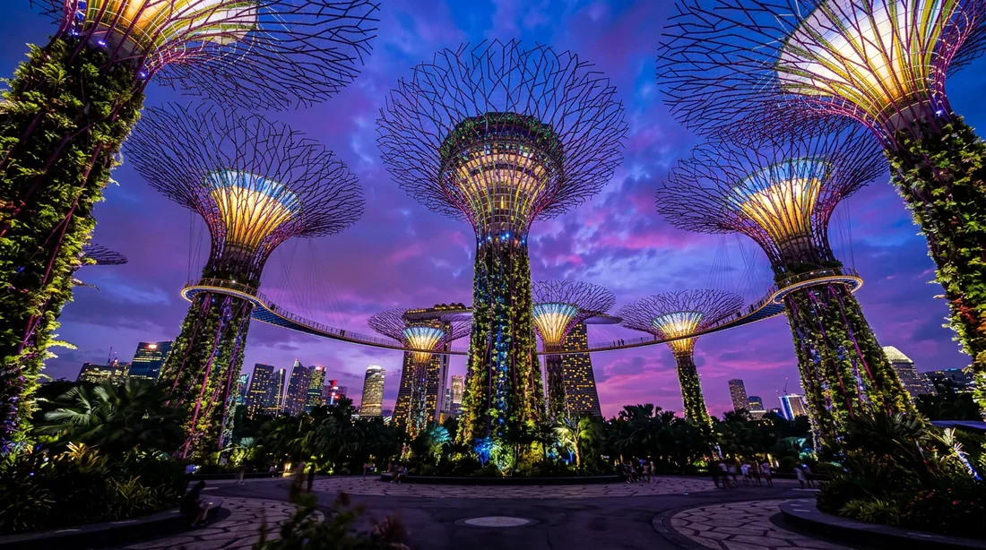 Vue spectaculaire des Supertrees de Gardens by the Bay au crépuscule