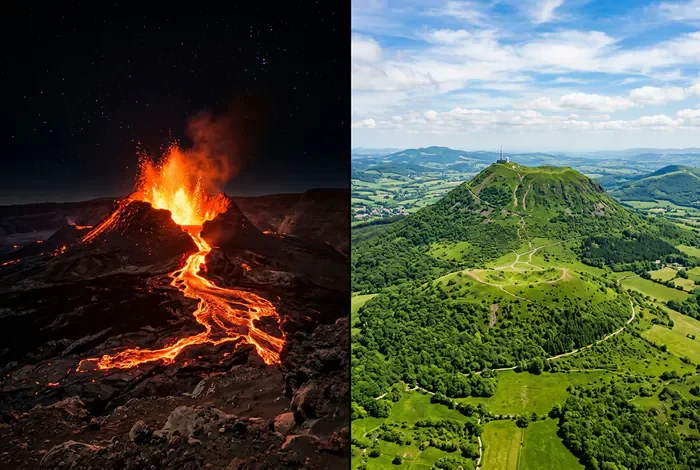 Volcans français : Le guide complet 2026 - Top 5 des volcans français à visiter - Quels sont les volcans français actifs et endormis ? Comparaison visuelle entre l'éruption du Piton de la Fournaise et le Puy de Dôme