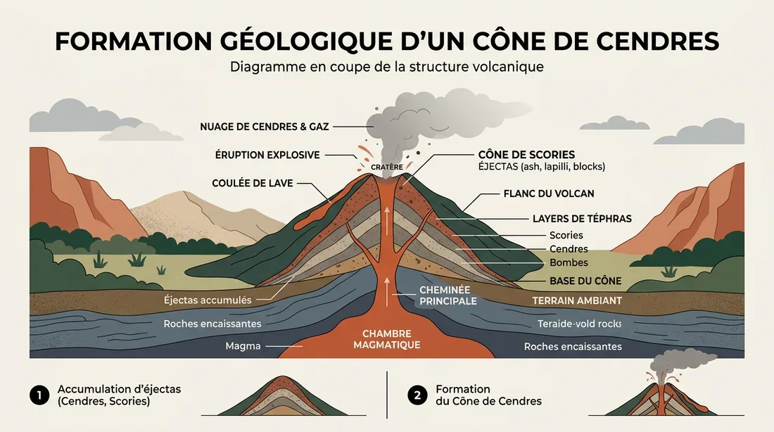 Infographie explicative de la formation d'un volcan de type cône de scories