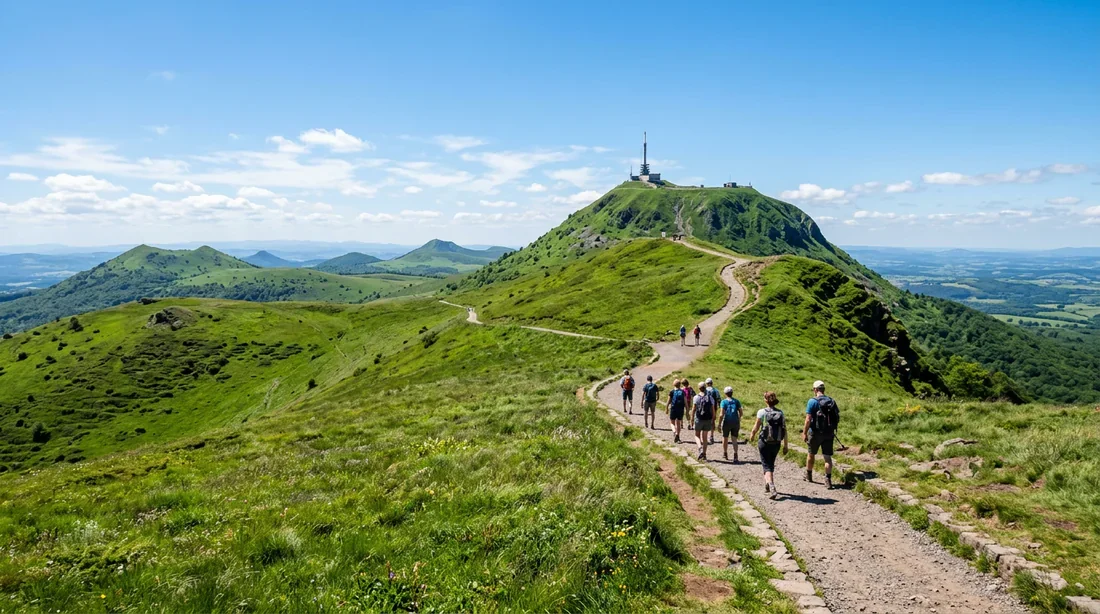Randonneurs sur le sentier menant au sommet du Puy de Dôme