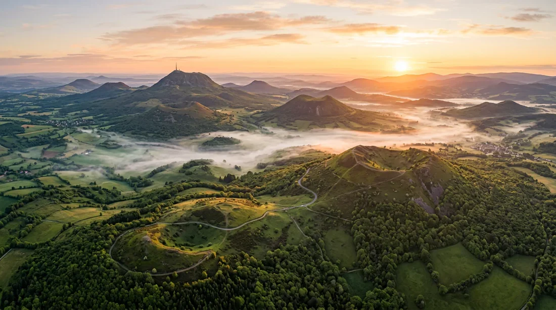 Vue panoramique spectaculaire de la Chaîne des Puys au lever du soleil avec brume
