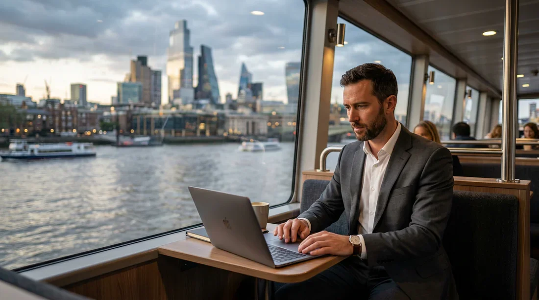 Cadre travaillant sur son ordinateur portable dans un bateau-bus avec vue sur une skyline moderne