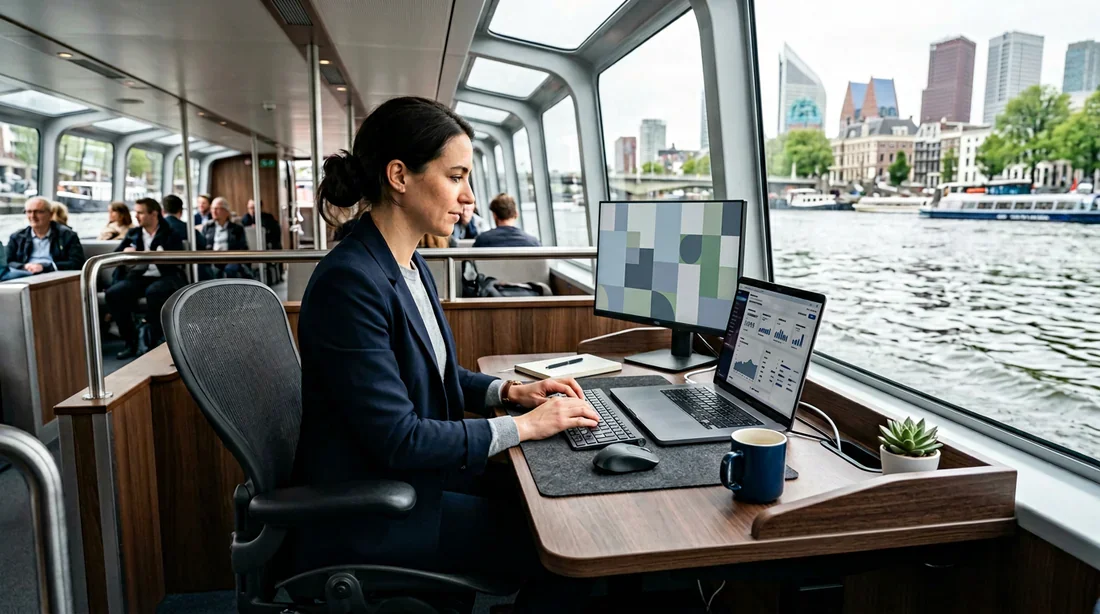 Espace de travail moderne aménagé dans un bateau de transport urbain