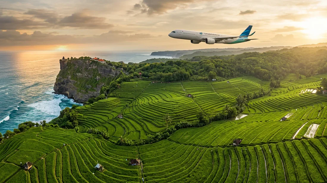 Avion en plein vol au-dessus des rizières et temples de Bali