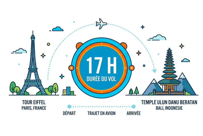 Bali : combien d'heures de vol ? - Bali en 18h : Le Guide 2026 - Quel temps de vol pour aller à Bali ? Infographie du trajet en avion entre Paris et Bali