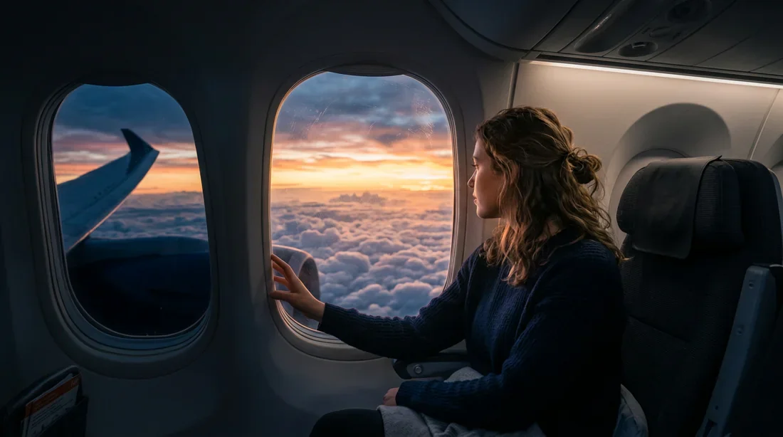 Voyageur regardant par le hublot de l'avion