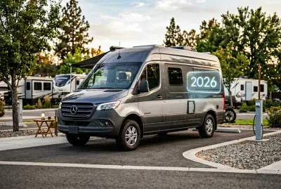 Camping-car moderne en stationnement sécurisé pour 2026