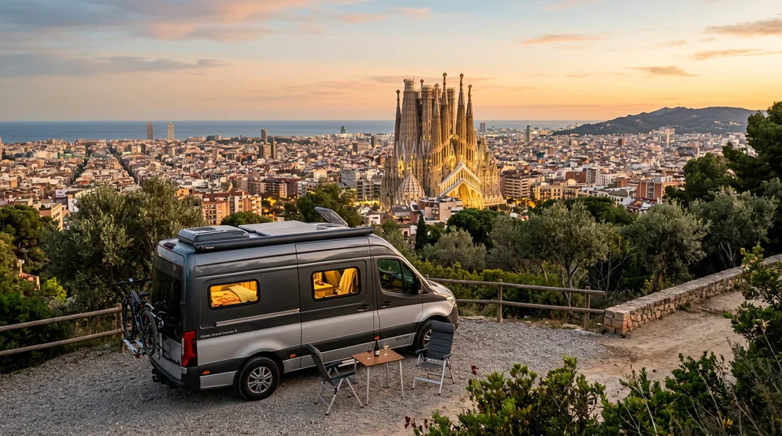 Camping-car moderne et Sagrada Familia Camping-car moderne stationné avec vue imprenable sur la Sagrada Familia à Barcelone