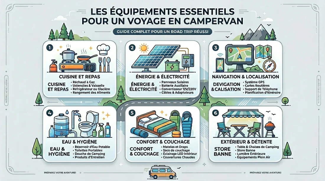 Équipements essentiels camping-car Infographie des équipements essentiels pour un voyage en camping-car