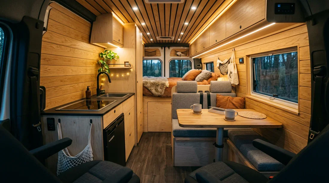 Intérieur camping-car moderne Intérieur moderne et ergonomique d'un camping-car aménagé