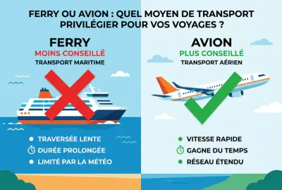 Comparaison visuelle entre voyage en ferry et en avion