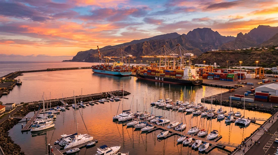Vue panoramique du port de la Pointe des Galets à La Réunion au coucher du soleil
