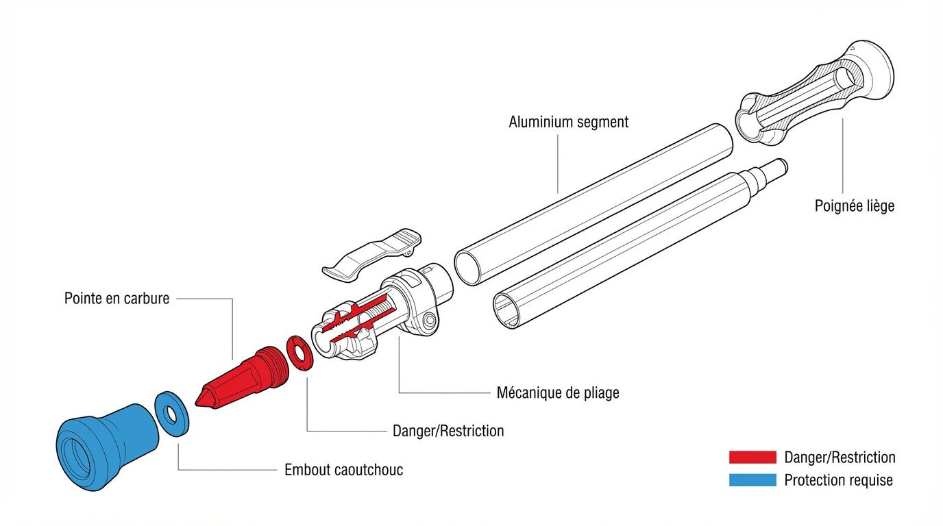 Anatomie technique et conformité bagage du bâton de marche Schéma technique d'un bâton de marche pour transport aérien