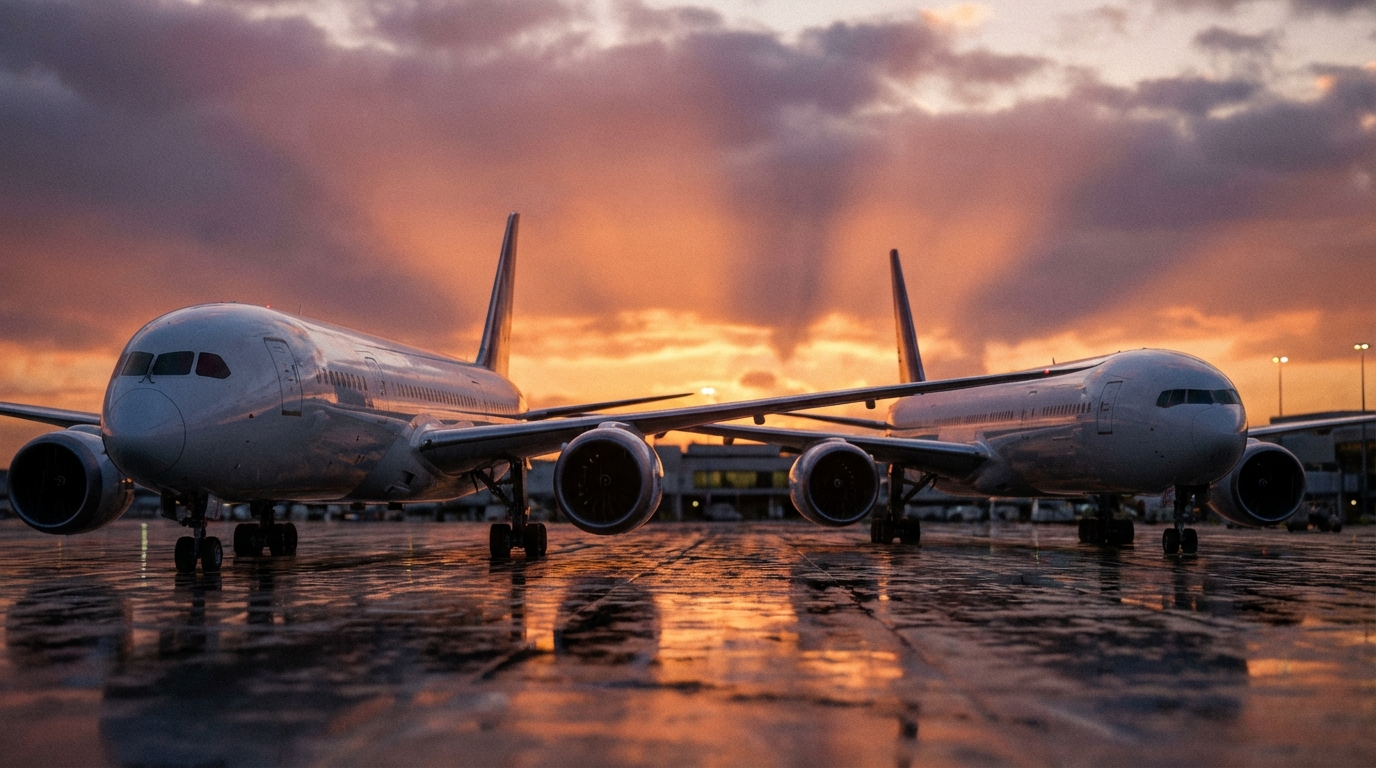 Comparaison visuelle entre un Boeing 787 et un Boeing 777 sur le tarmac à l'heure dorée.