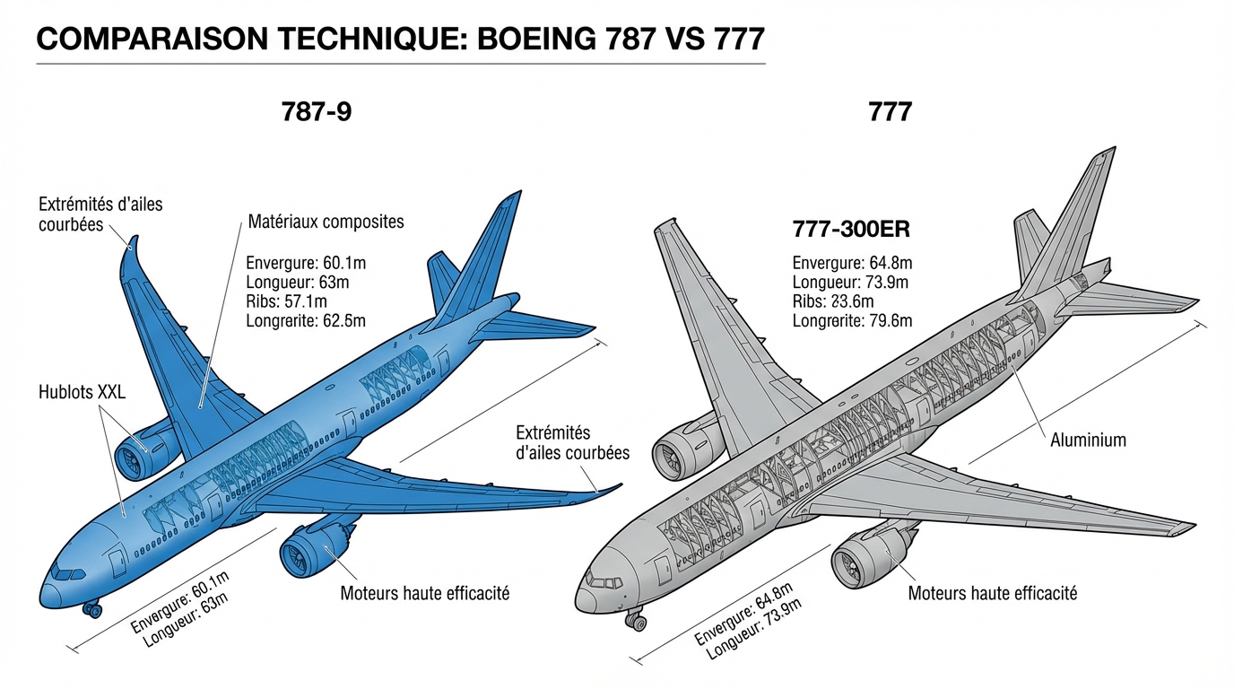 Schéma technique détaillé comparant les structures et composants du Boeing 787 et du 777.