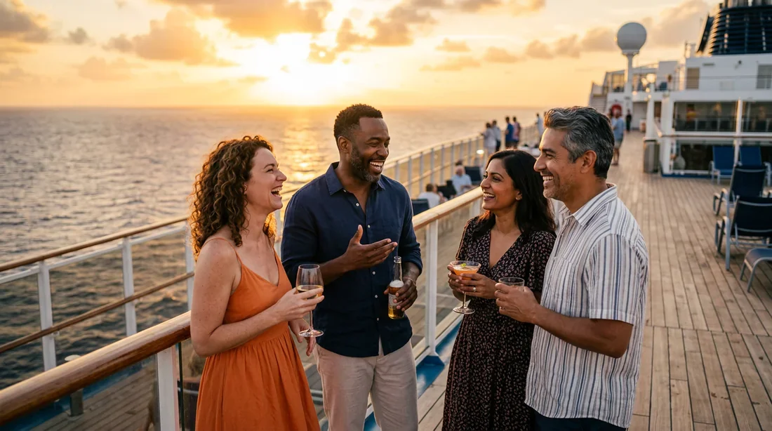 Groupe de personnes de 40 ans discutant sur le pont d'un navire au coucher du soleil