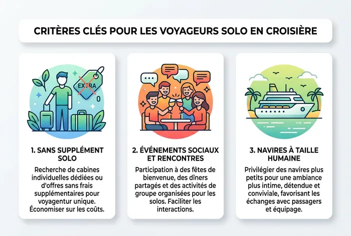 Croisière pour célibataire : Avis - 5 Conseils pour Réussir - Quelle Croisière pour Célibataire Choisir ? Infographie illustrant les 3 critères pour choisir une croisière solo