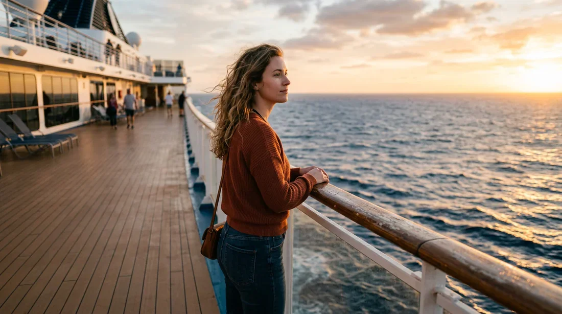 Voyageur solo contemplant l'océan depuis le pont d'un navire