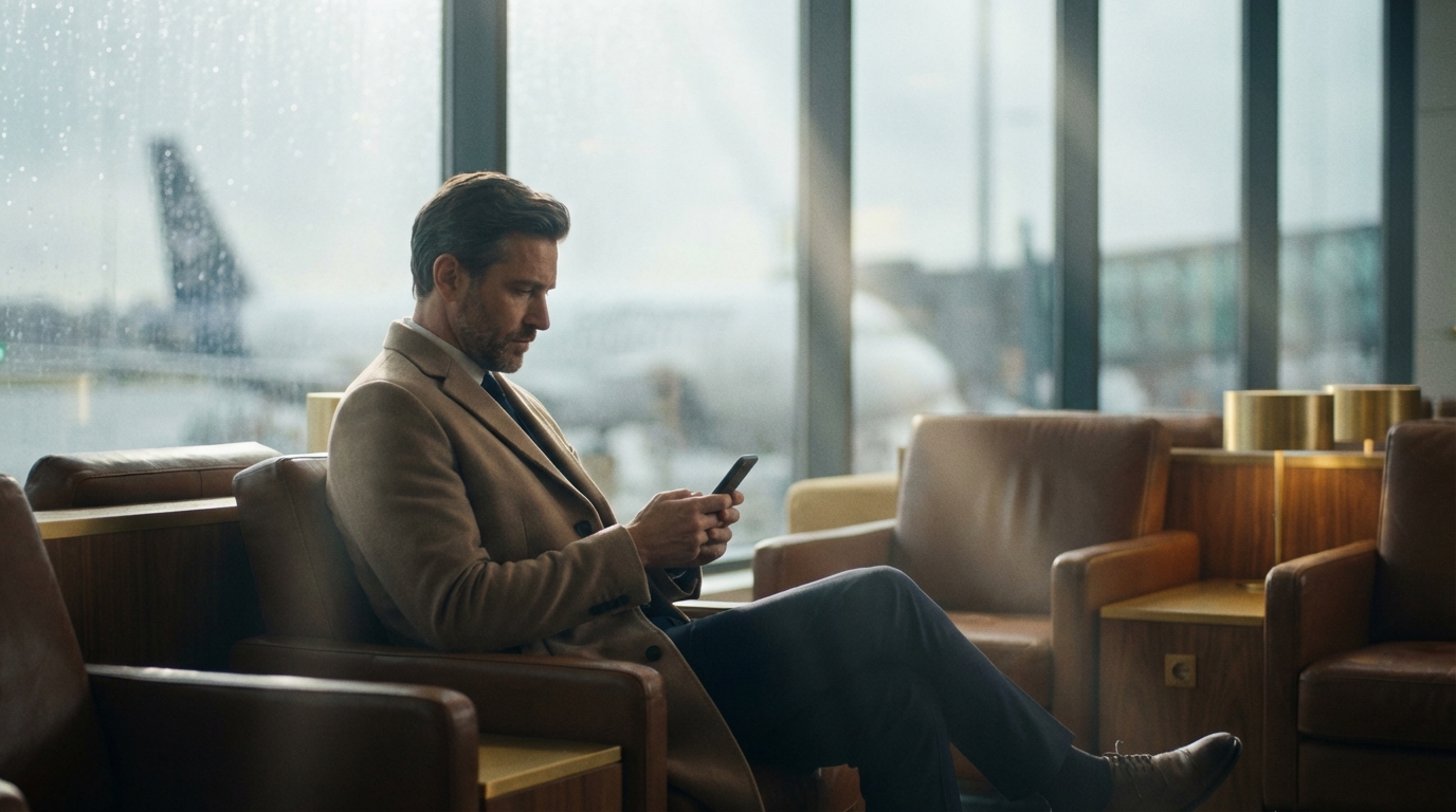 Passager utilisant l'application Qatar Airways dans un salon VIP