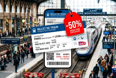 Réduction de 50% sur un billet de train, promotion voyage.