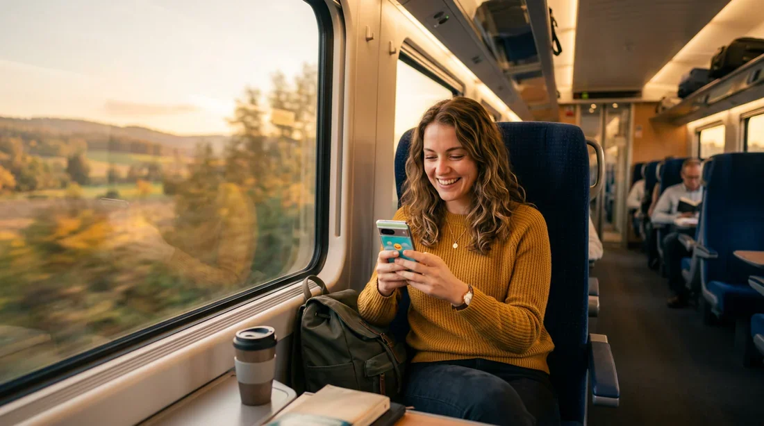 Voyageur satisfait profitant d'une offre de train Un voyageur souriant regarde une offre de billet de train pas cher sur son smartphone dans un train moderne.