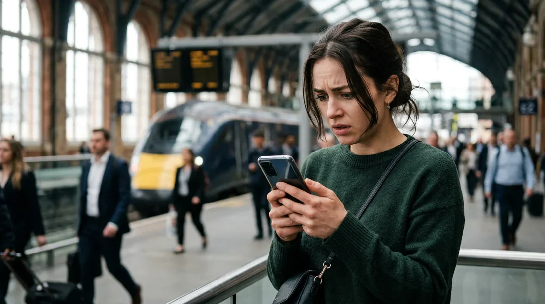 Passager recevant une notification inquiétante en gare Passager inquiet regardant un message sur son smartphone en gare SNCF