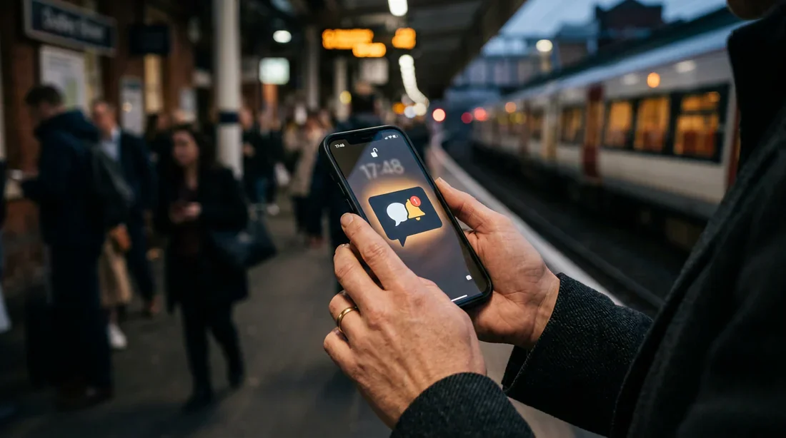 Réception d'une notification de voyage Vue rapprochée d'un passager lisant une notification sur son mobile