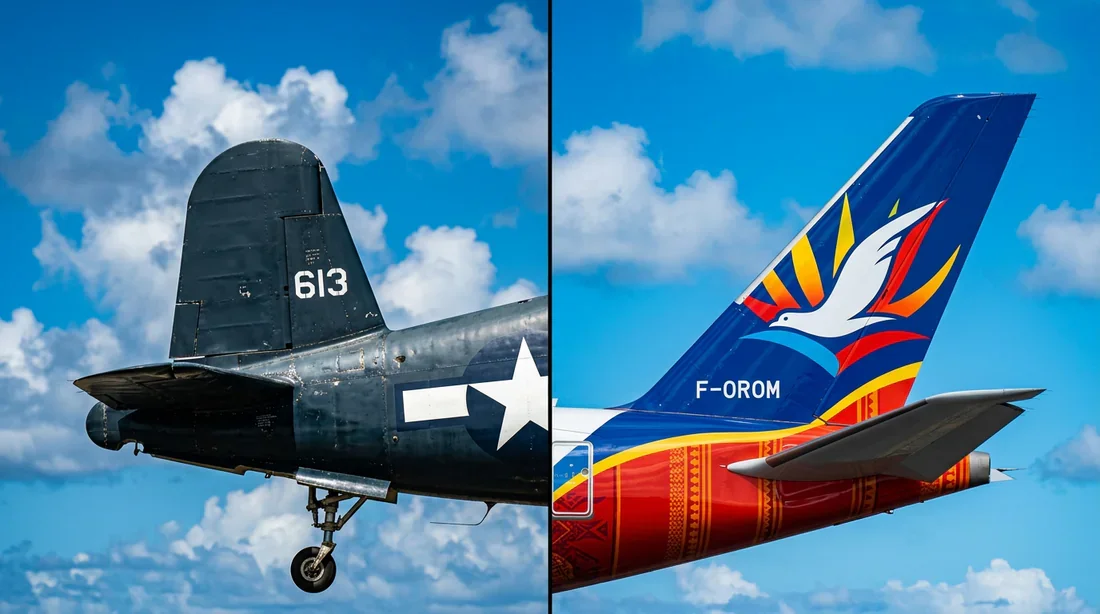Comparatif Corsair et Air Caraibes : De l'histoire à l'aviation moderne Comparatif visuel entre l'empennage d'un avion Corsair historique et un Airbus Air Caraibes moderne sous un ciel tropical.