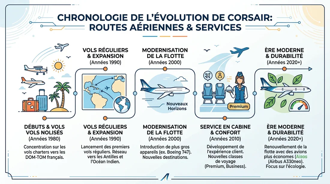 Évolution et historique de la compagnie Corsair Infographie chronologique de l'évolution des services Corsair