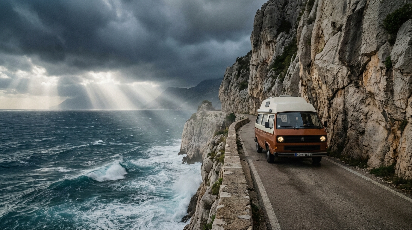 Camping-car sur une route étroite en bord de falaise en Croatie par temps d'orage