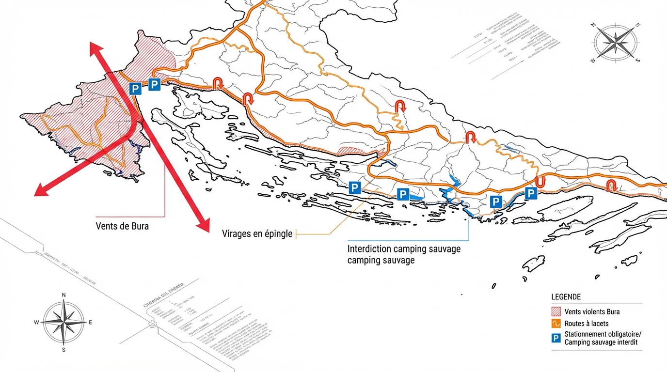 Schéma technique des zones de danger pour camping-car en Croatie